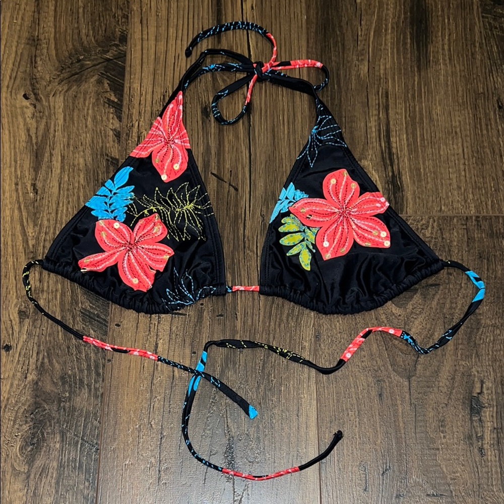 Xhilaration Black Bikini with Red and Blue Floral Design